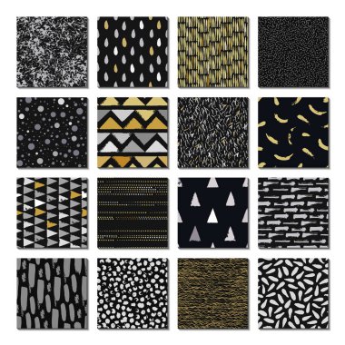 Mutlu noeller. Altın ve gümüş rengi. 16 tane pürüzsüz doku. Damlalar, noktalar, çizgiler, çizgiler, daireler, kareler, dikdörtgenler. Soyut formlar geniş bir kalem ve mürekkep çizdi. El çizimi. Vektör illüstrasyonu.