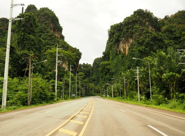 A Estrada em lugar tropical entre grandes penhascos e árvores — Fotografia de Stock