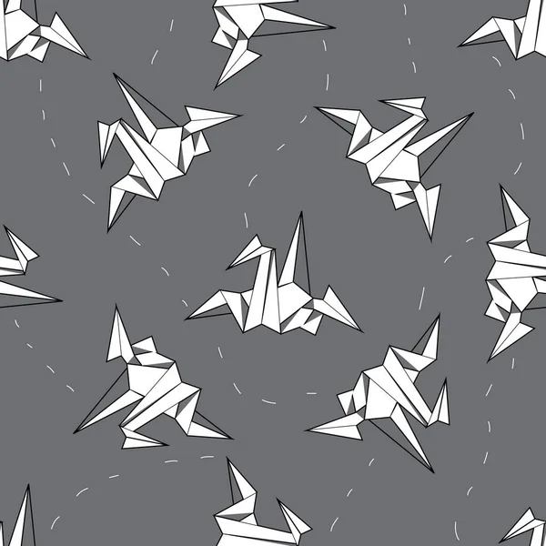 Bezproblémové vektorové pozadí bílé origami jeřáb na šedém pozadí — Stockový vektor