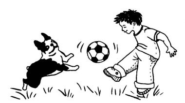 Küçük bir çocuk oynamak Fetch köpeğiyle çizimi