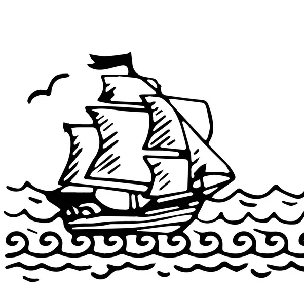 Obsolète voilier classique en bois haut buccaneer isolé sur fond blanc. Encre de contour à main levée dessin icône esquisse dans l'art style doodle rétro stylo sur papier. Vue latérale avec espace pour le texte sur le ciel — Photo