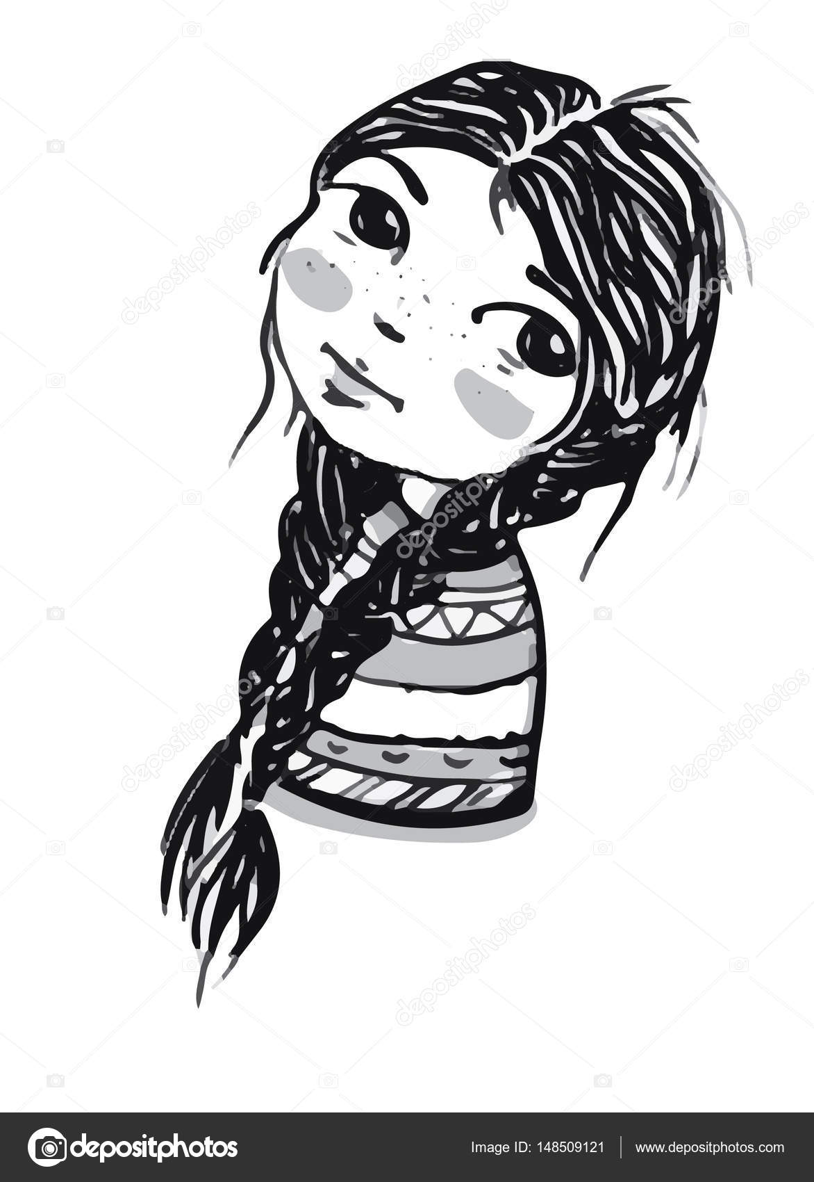 Rysunek Portret Pięknej Młodej Dziewczyny Z Dwa Warkocze