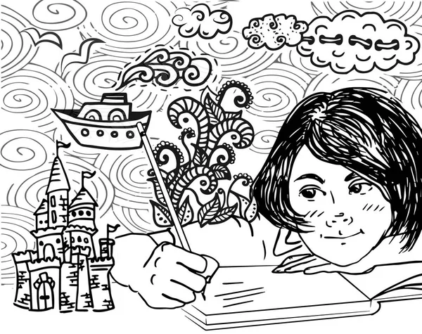 yazma ve çizim çocuk Illustration. Komik karikatür