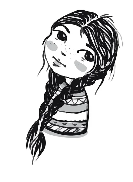 Desenho retrato de uma bela jovem com duas tranças trançadas — Fotografia de Stock