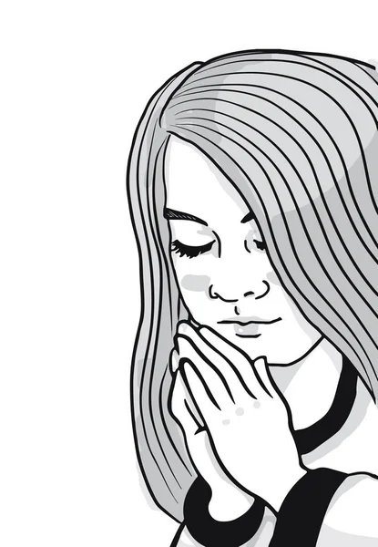En svartvit illustration av en ung flicka med händerna vikas säger hennes böner. — Stock vektor