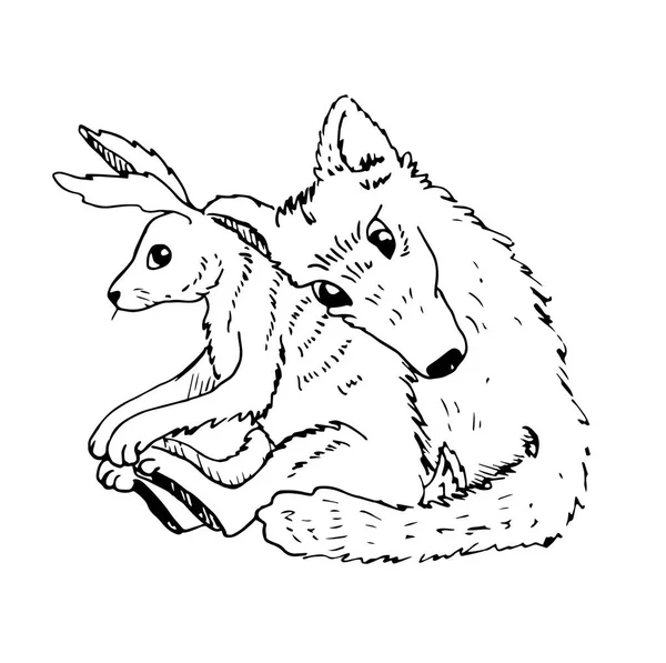 Cartoon valentine par wolf kramar med en hare — Stock vektor