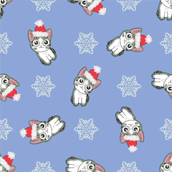 Noel Noel Baba şapkalı küçük şirin kedi yavrusu görüntü ile seamless modeli.