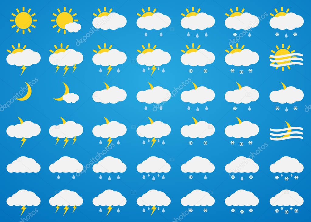 Vector weather icons set on blue background.