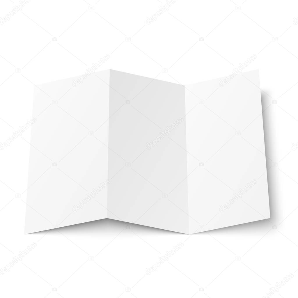 Blank trifold leaflet on white background top view.