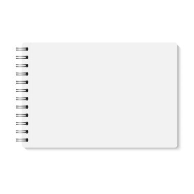 Vektör beyaz gerçekçi kapalı spiral defter bağlı. Metalik Gümüş sarmal ile yatay boş defterini. Düzenleyici veya izole günlüğü şablonu (yukarı alay). Not defteri. A5