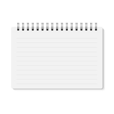 Vektör beyaz gerçekçi kapalı spiral defter bağlı. Metalik Gümüş sarmal ile yatay boş defterini. Düzenleyici veya izole günlüğü şablonu (yukarı alay). Yatay çizgili not defteri. A5