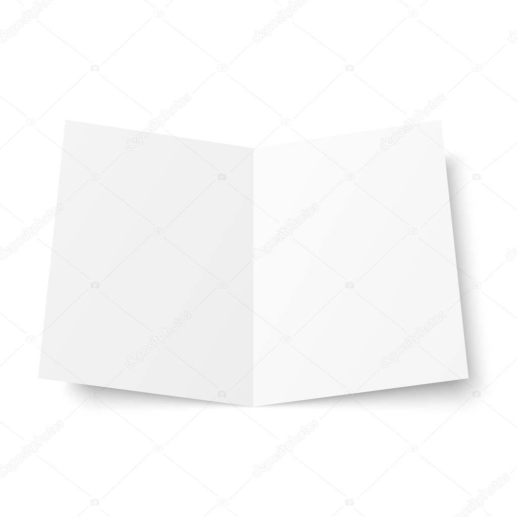 Vector blank white twofold booklet opened on white background. Front side. Two folded paper sheet in A4. Mock up of empty cover or flyer isolated. 3D illustration