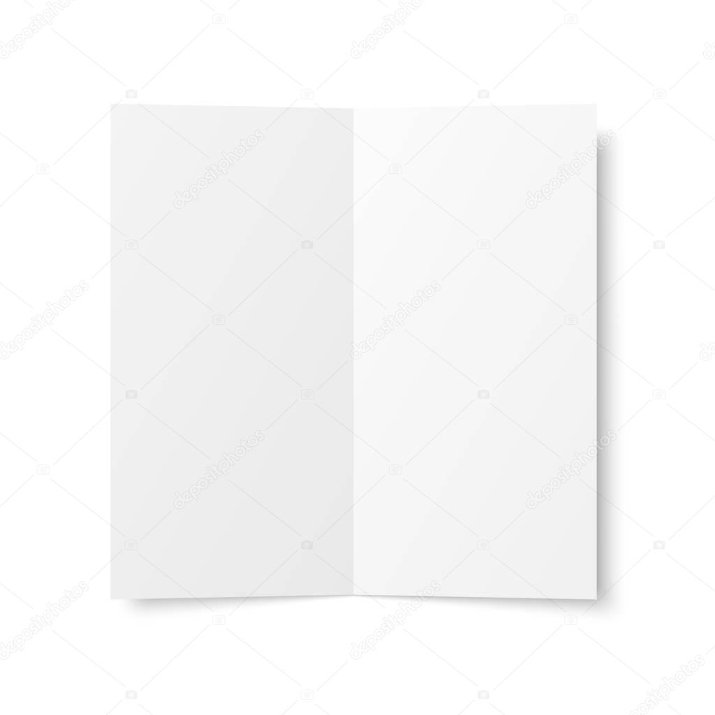 Vector blank white twofold booklet opened on white background. Top view. Front side. Two folded paper sheet in A4. Mock up of empty cover or flyer isolated. 3D illustration