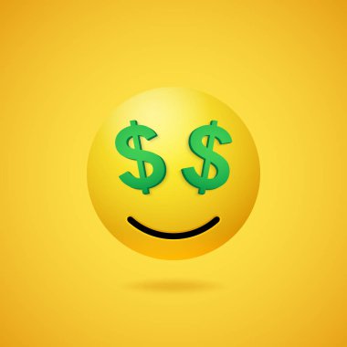 Dolar işareti gözleriyle gülen zengin bir ifade.