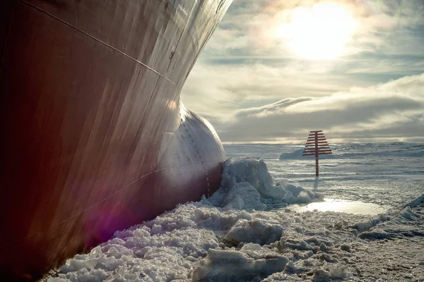 Nose Icebreaker Stuck Ice Arctic Landscape Begins Snow Blizzard — Stock Photo, Image