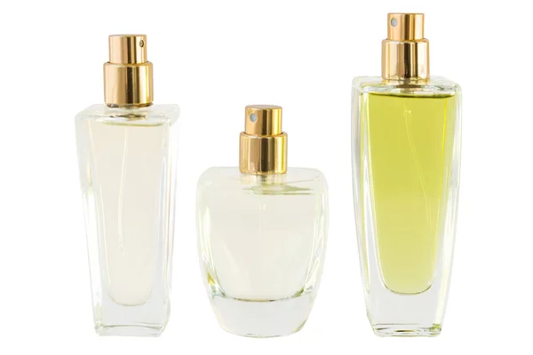 Three glass perfume bottle on white background — ストック写真