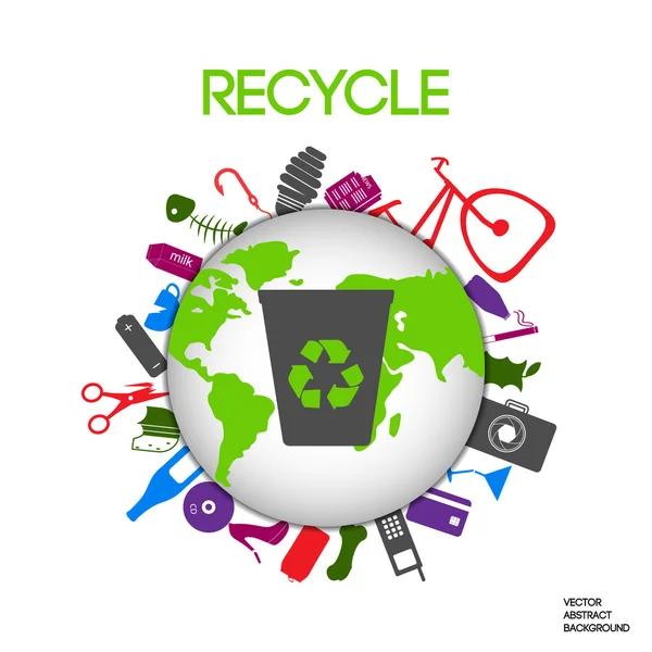 Sinal de reciclagem. A reciclar o Planeta Terra. A proteger a terra. Desperdício. Uma variedade de poluição — Vetor de Stock