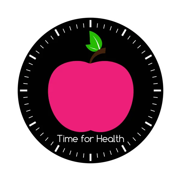 E 'ora della salute. Mangiare sano. Stile di vita. Vettore Apple e orologio . — Vettoriale Stock