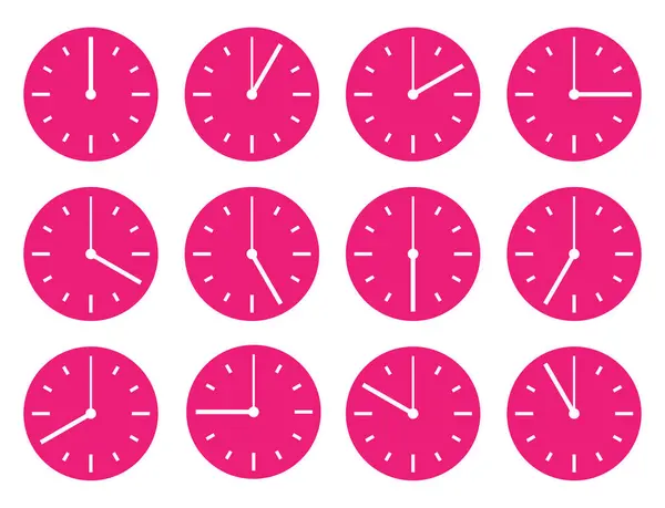 Дивитися піктограму. Циферблат рожевий. Розклад. Розклад у день. Протягом кількох годин. Інший час на годиннику. 24 години. За часом — стоковий вектор