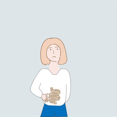  Picture of a girl with an illness in her stomach in cartoon style. Can be used to pack medicines. clipart