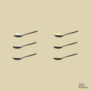 Toplu kaşık seti. Kaşık şekeri ya da tuz. Yemek tarifleri için, menü. Tabaklardaki malzemelerin dozajı için kullan. Toptan malzeme. Basit biçimdeki vektör illüstrasyonu.