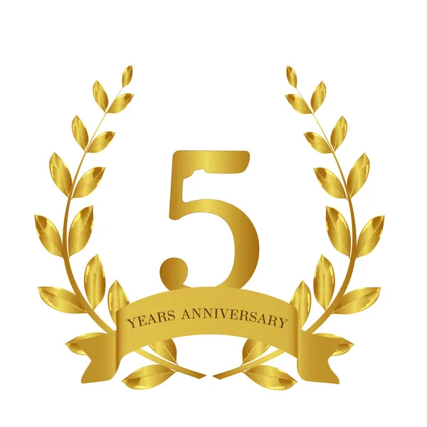 Anniversary Years Golden Laurel Wreath Number Five Solemn Ribbon Emblem — Stock Vector