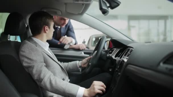 Mâle inspectant l'intérieur de la voiture — Video