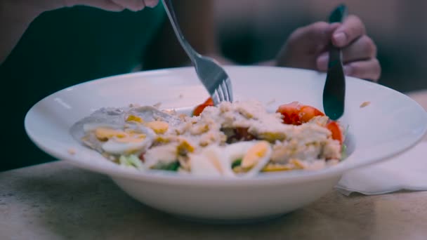 Mädchen Spießt Tomate Auf Einer Gabel Auf Und Schmeckt Sie — Stockvideo