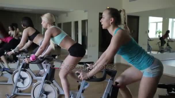 Grupp kvinnor ridning på motionscyklar — Stockvideo