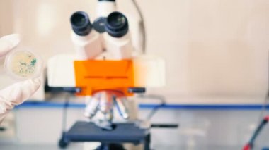 Beyaz üniformalı kase petry modern laboratuvar olarak tutan el Close-Up 