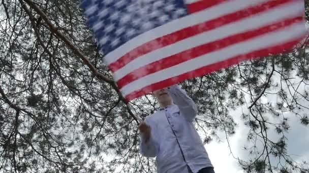 Χαριτωμένο Αγόρι Κρατώντας Αμερικανική Σημαία Στο Καταπράσινο Δάσος Εξωτερικούς Χώρους — Αρχείο Βίντεο