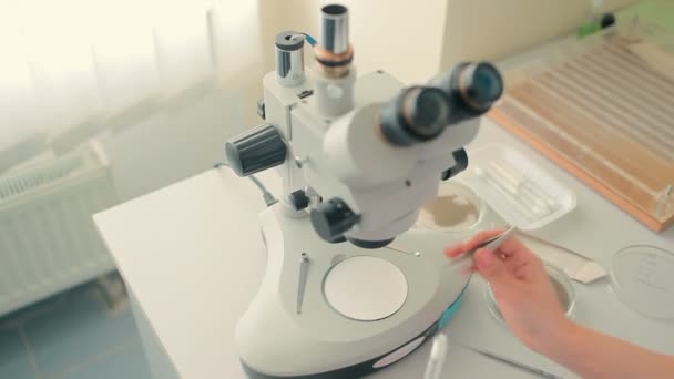 Mujer Uniforme Blanco Trabajando Con Microscopio Laboratorio Moderno — Vídeos de Stock