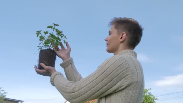 Joven Sosteniendo Planta Verde Jardín Primavera — Vídeos de Stock