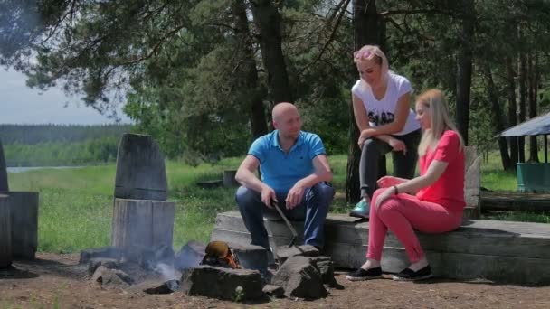 Jeunes Femmes Blondes Avec Homme Relaxant Forêt Verte Plein Air — Video