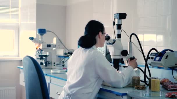 Μελαχρινή Γυναίκα Στην Λευκή Στολή Εργασίας Μικροσκόπιο Στο Σύγχρονο Εργαστήριο — Αρχείο Βίντεο