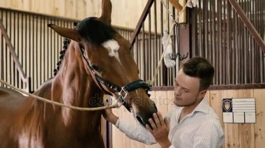 Ahırda at besleyen bir adam