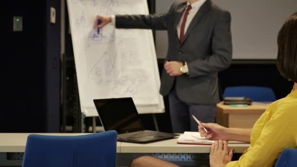 Brünette Geschäftsfrau Gelben Hemd Arbeitet Mit Mann Anzug — Stockvideo