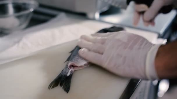 Hands cut fish on board — Stock Video