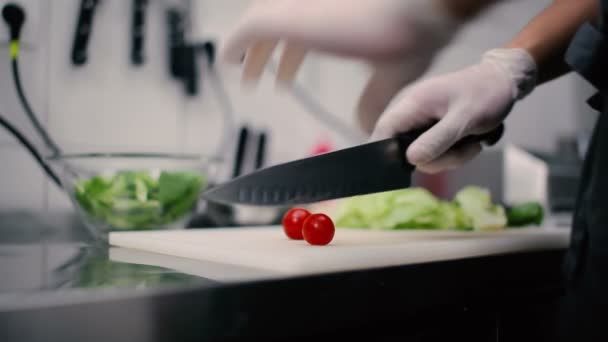 Homem cozinhar salada — Vídeo de Stock