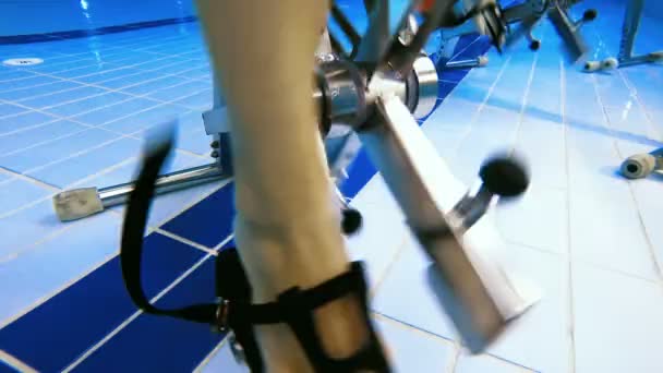Menschen trainieren im Pool auf dem Fahrrad — Stockvideo