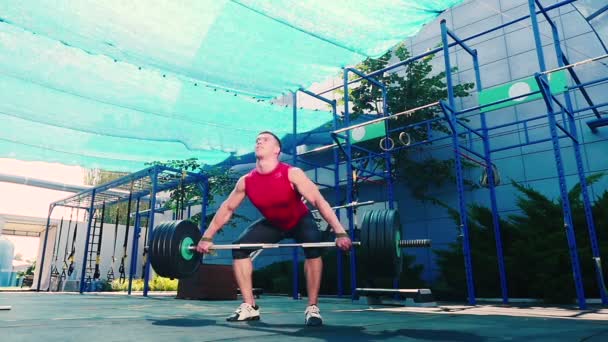 Musclé homme séance d'entraînement avec haltère — Video