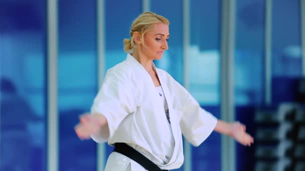 Mujer joven practicando karate — Vídeos de Stock