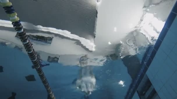 Людина в окулярах пірнає в басейні . — стокове відео