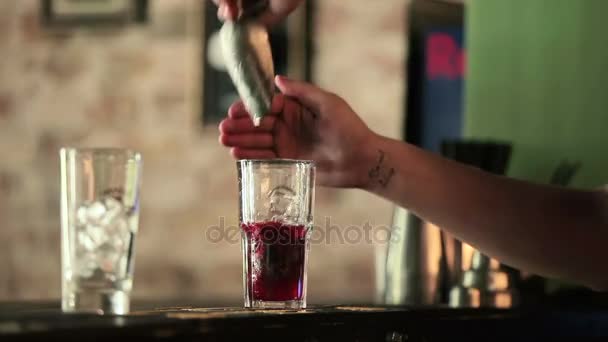 Два бокала и бармен сделать коктейль — стоковое видео
