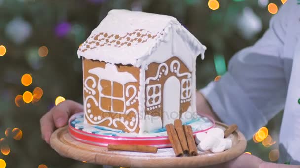 Plateau avec maison en pain d'épice sucré — Video