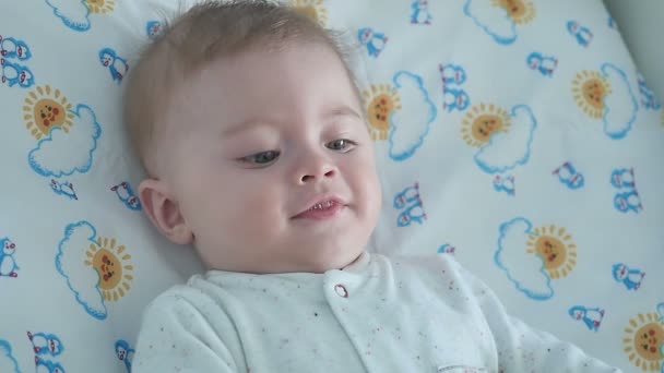 Close Cute Little Baby Smiling Laying Nappy Smiling Boy Moving — Stock Video