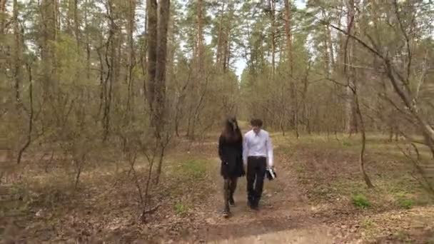 Girl and guy walking in forest — Stock Video