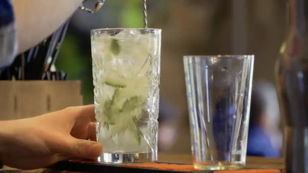 Barman cocktail mixen met een lepel en zet twee buizen binnen het glas — Stockvideo