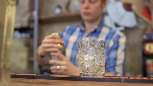 Barman derrama coquetel em um copo com gelo — Vídeo de Stock