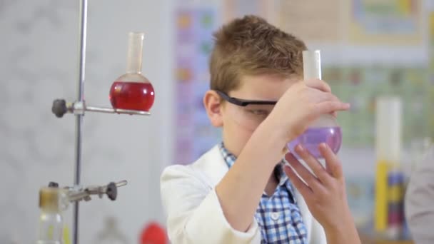 Молодой ученый держит фляжку с фиолетовой жидкостью и исследует ее — стоковое видео